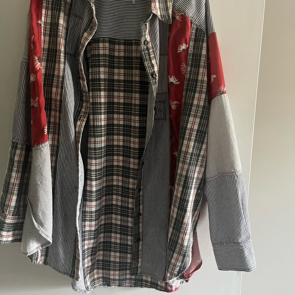 Free People Red and Black Button Down Shirt with Plaid Design